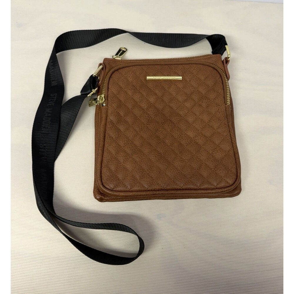 Steve Madden Quilted Brown Crossbody Bag, Adjustable Strap, Zip/Snap, Gold